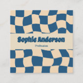 Retro Beige & Blue Wavy Checkerboard with QR Code Vierkante Visitekaartje (Voorkant)