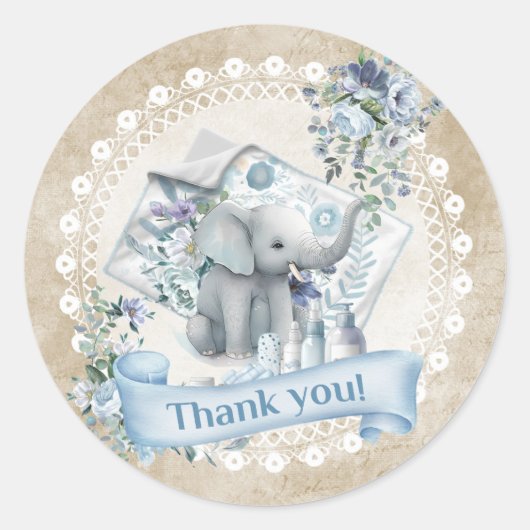 Retro beige en blauwe jongen olifant baby shower ronde sticker (Voorkant)