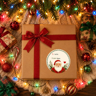 Retro Beige Kerstman Krans Kerstcadeau Ronde Sticker