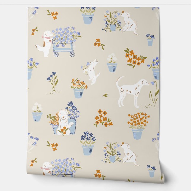 Retro Beige Puppy Hondenbloem Winkelbehang Behang (Afrollen)