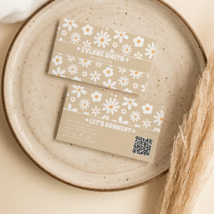 Retro Beige QR Code Groovy Bloem Boho Uniek Visitekaartje
