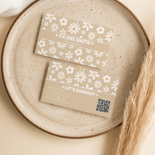 Retro Beige QR Code Groovy Bloem Boho Uniek Visitekaartje