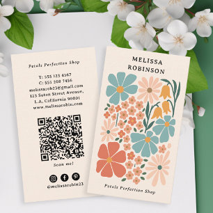 Retro Beige QR Code Meisjesachtige Bloemist Winkel Visitekaartje