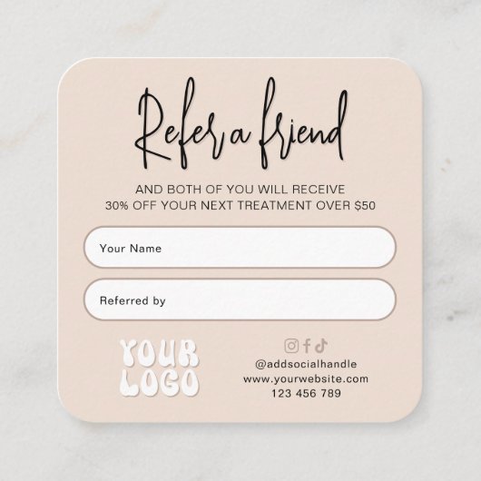 Retro Beige Verwijs een Vriend Modern Logo Lash Sa Aanbevelingskaartje (Achterkant)