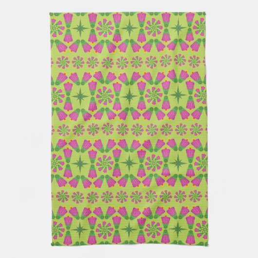 Retro Bell Flower Mandalas Green Kitchen Towel Theedoek (Verticaal)