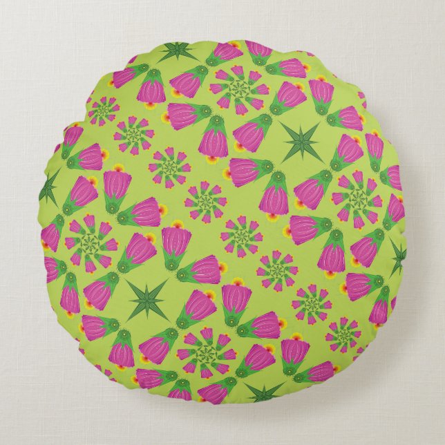 Retro Bell Flower Mandalas Green Round Pillow Rond Kussen (Voorkant)