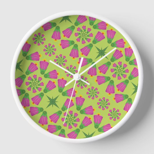 Retro Bell Flower Mandalas Green Wood Framed Clock (Voorkant)