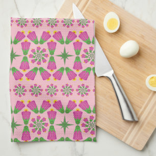 Retro Bell Flower Mandalas Pink Kitchen Towel Theedoek