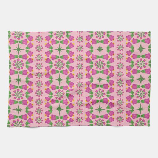Retro Bell Flower Mandalas Pink Kitchen Towel Theedoek (Horizontaal)