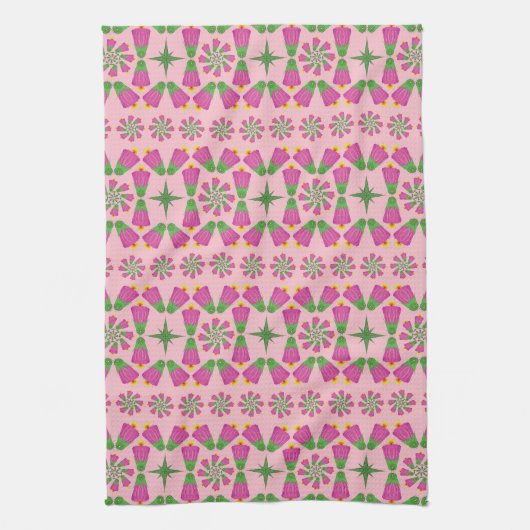Retro Bell Flower Mandalas Pink Kitchen Towel Theedoek (Verticaal)