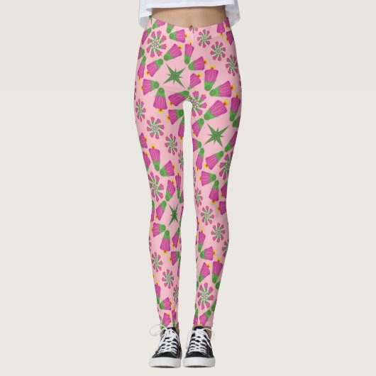 Retro Bell Flower Mandalas Pink Leggings (Voorkant)
