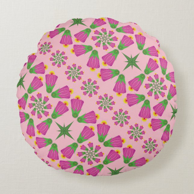 Retro Bell Flower Mandalas Pink Round Pillow Rond Kussen (Voorkant)