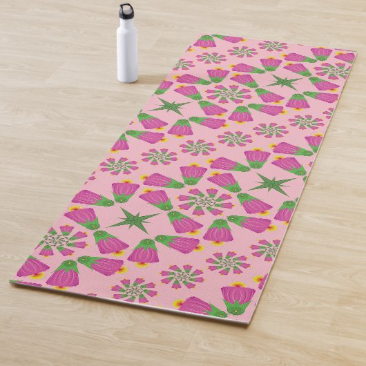 Retro Bell Flower Mandalas Pink Yoga Mat (In situ)