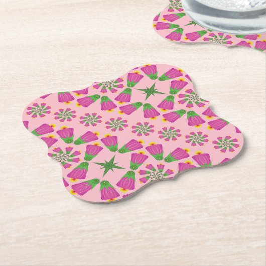 Retro Bell Flower Mandalas Roze Papieren Onderzett Kartonnen Onderzetters (Gekanteld)