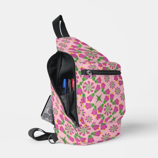 Retro Bell Flower Mandalas Roze Sling Bag (Open)