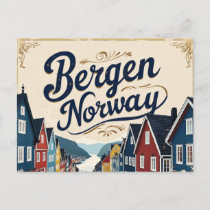 Retro Bergen Haven Uitzicht Briefkaart