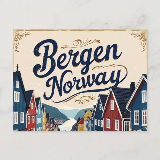 Retro Bergen Haven Uitzicht Briefkaart (Voorkant)