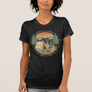 Retro bergkampeer T-shirt met tent en kampvuur
