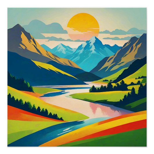 Retro Berglandschap Acryl Muur Kunst Perfect Poster (Voorkant)