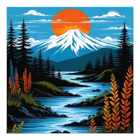 Retro berglandschap illustratie rood blauw foto afdruk (Voorkant)