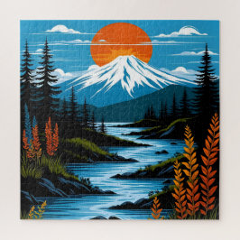 Retro berglandschap illustratie rood blauw legpuzzel
