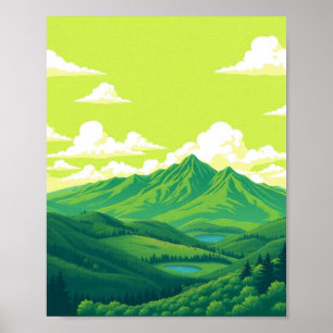 Retro berglandschap rood blauw poster