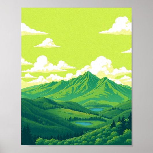 Retro berglandschap rood blauw poster (Voorkant)