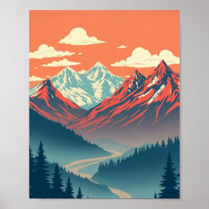 Retro berglandschap rood blauw poster