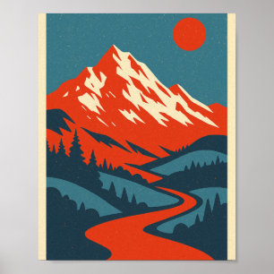 Retro berglandschap   Rood en blauw  Po Poster