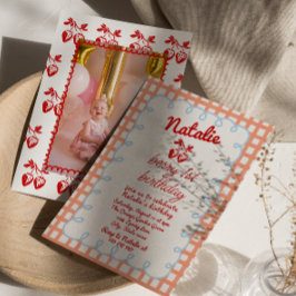 Retro Berry 1e Getrokken Aardbei Foto Verjaardag Kaart