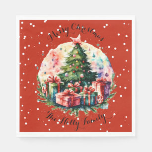Retro besneeuwde kerstscène, boom, giften, servet
