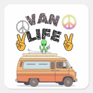 Retro bestelwagen leven alien camper vredesteken o vierkante sticker