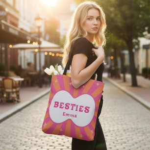 Retro Besties Gepersonaliseerde Roze & Oranje Bood Tote Bag