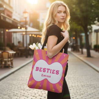 Retro Besties Gepersonaliseerde Roze & Oranje Bood Tote Bag