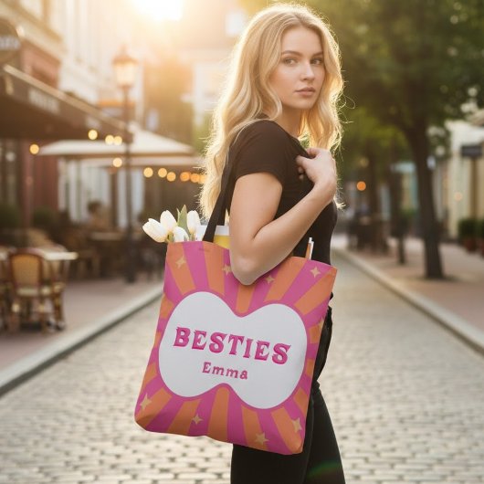 Retro Besties Gepersonaliseerde Roze & Oranje Bood Tote Bag