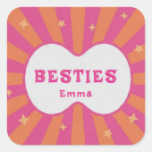 Retro Besties Pink & Orange Sunburst Personalized  Vierkante Sticker (Voorkant)