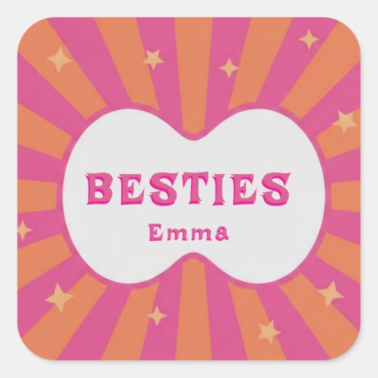 Retro Besties Pink & Orange Sunburst Personalized  Vierkante Sticker (Voorkant)