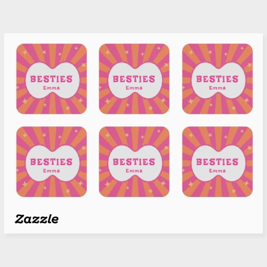 Retro Besties Pink & Orange Sunburst Personalized  Vierkante Sticker (Vel)