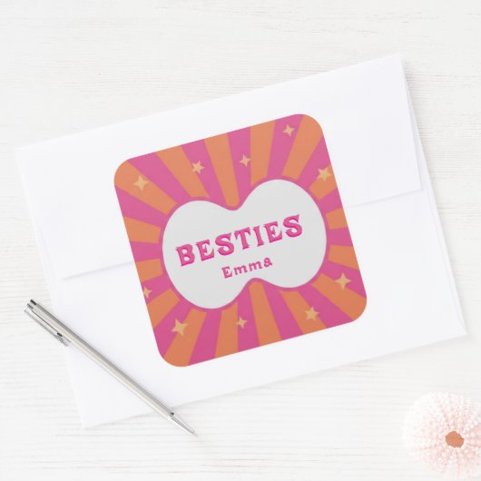 Retro Besties Pink & Orange Sunburst Personalized  Vierkante Sticker (Envelop)