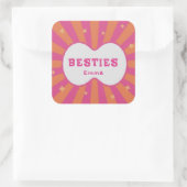 Retro Besties Pink & Orange Sunburst Personalized  Vierkante Sticker (Tas)