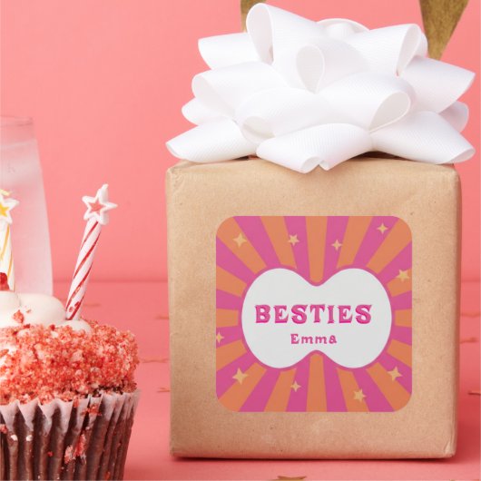 Retro Besties Pink & Orange Sunburst Personalized  Vierkante Sticker (Feest)