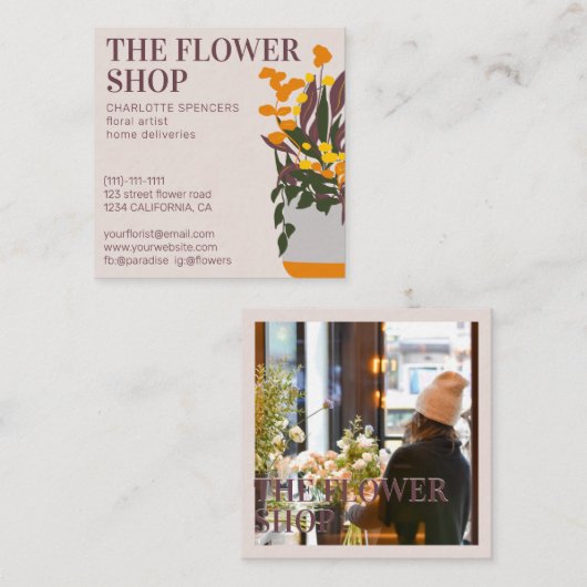 Retro bewerkbare florale illustratie: vierkant vierkante visitekaartje (Voorkant / Achterkant)