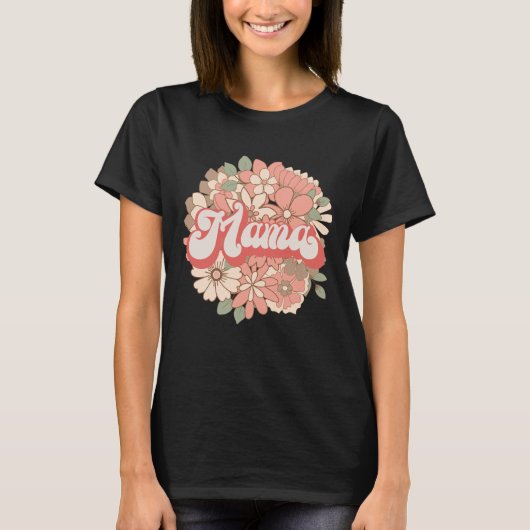 Retro bewerkbare kleuren Mama met Bloemen Matching T-shirt (Voorkant)