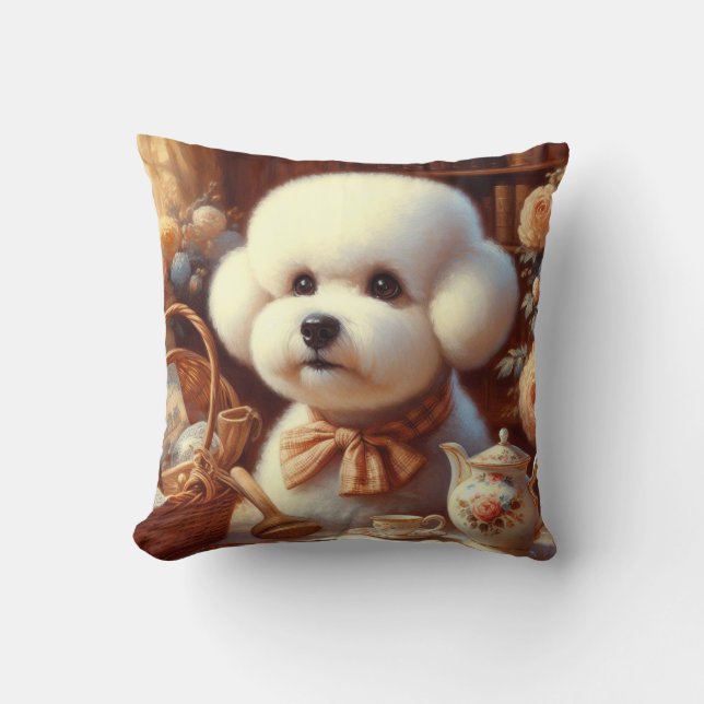 Retro Bichon Frisé Schilderij Kussen (Voorkant)