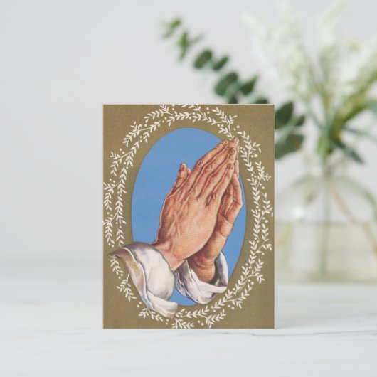 retro biddende handen Kerst Briefkaart (Staand voorkant)