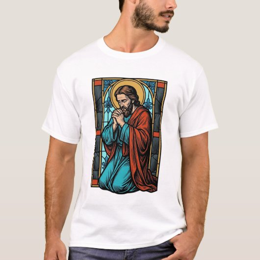 Retro Biddende Religieuze Figuur Vector T-shirt De (Voorkant)