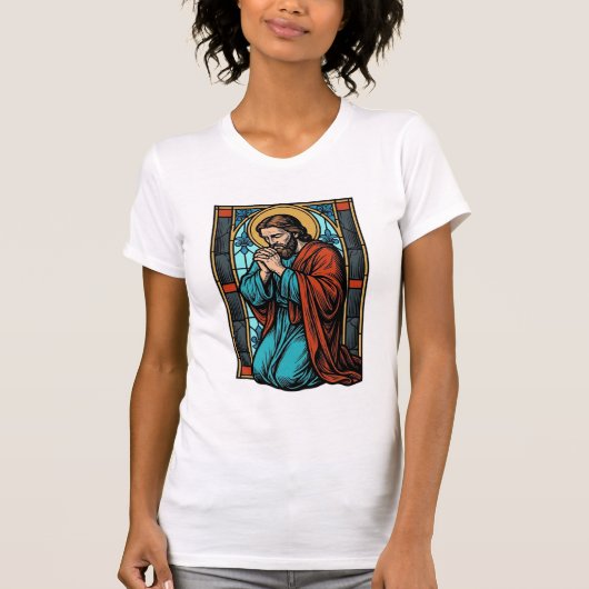 Retro Biddende Religieuze Figuur Vector T-shirt De (Voorkant)