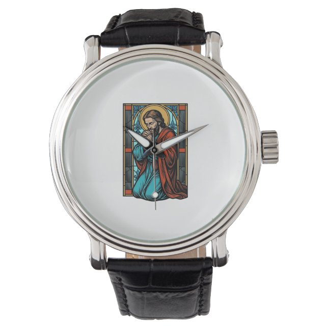 Retro Biddende Religieuze Figuur Vector T-shirt De Horloge (Voorkant)