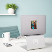 Retro Biddende Religieuze Figuur Vector T-shirt De Sticker (Laptop op bureau)