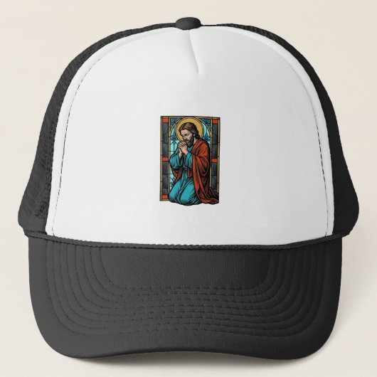 Retro Biddende Religieuze Figuur Vector T-shirt De Trucker Pet (Voorkant)